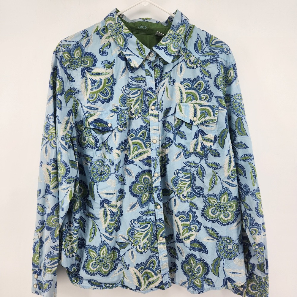 IZOD Womens 2X Blue Green Floral Paisley Pearl Snap Front Western Shirt